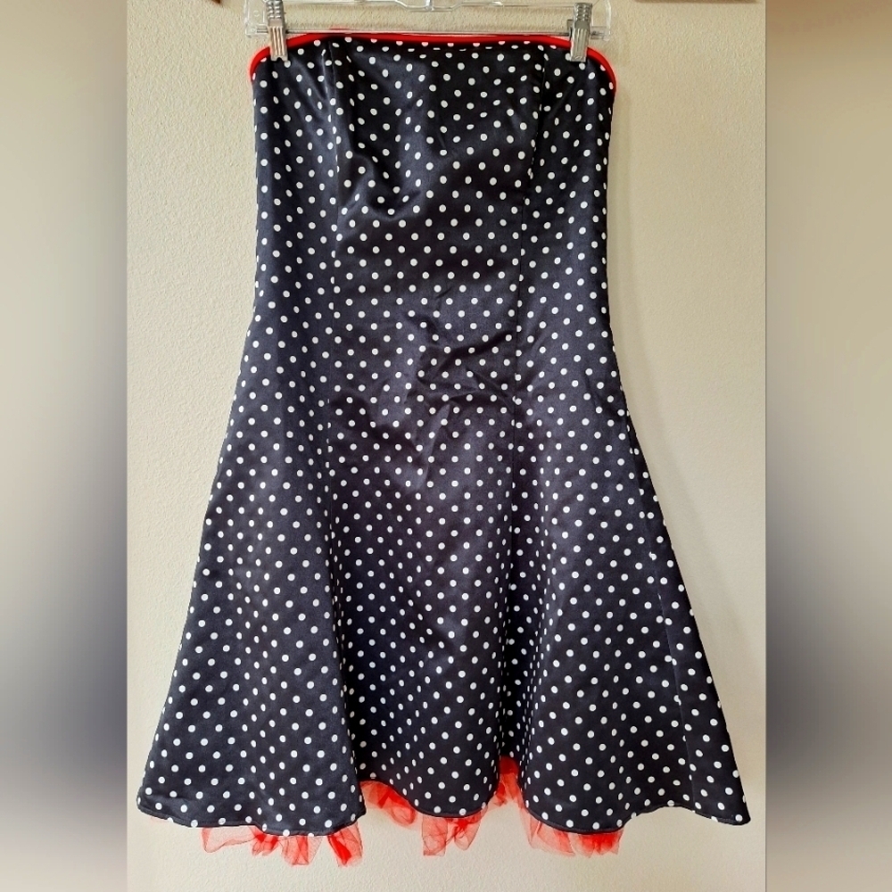 Jessica McClintock Gunne Sax Black Strapless Polkadot Mini Dress Junior Size 9